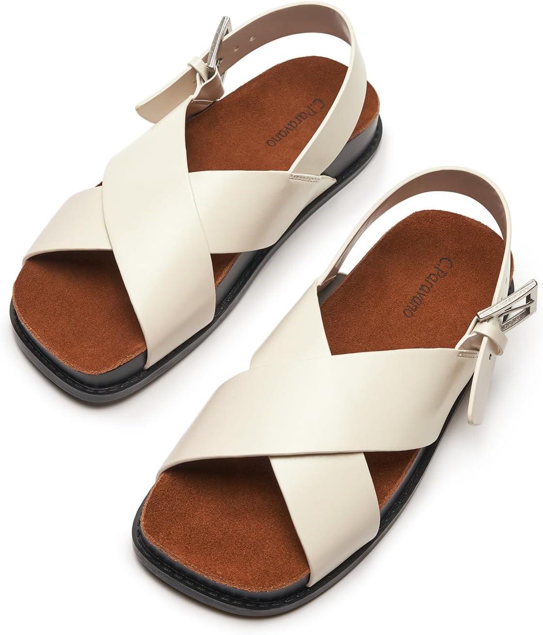 imageCParavano Women Sandals Womens Slide Sandals Comfortable Dressy Flat Sandals Sandals with Arch Support Adjustable Buckle Slip OnCream
