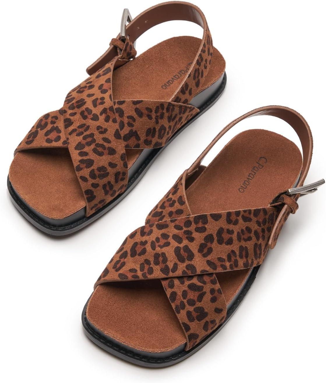 imageCParavano Women Sandals Womens Slide Sandals Comfortable Dressy Flat Sandals Sandals with Arch Support Adjustable Buckle Slip OnLeopard