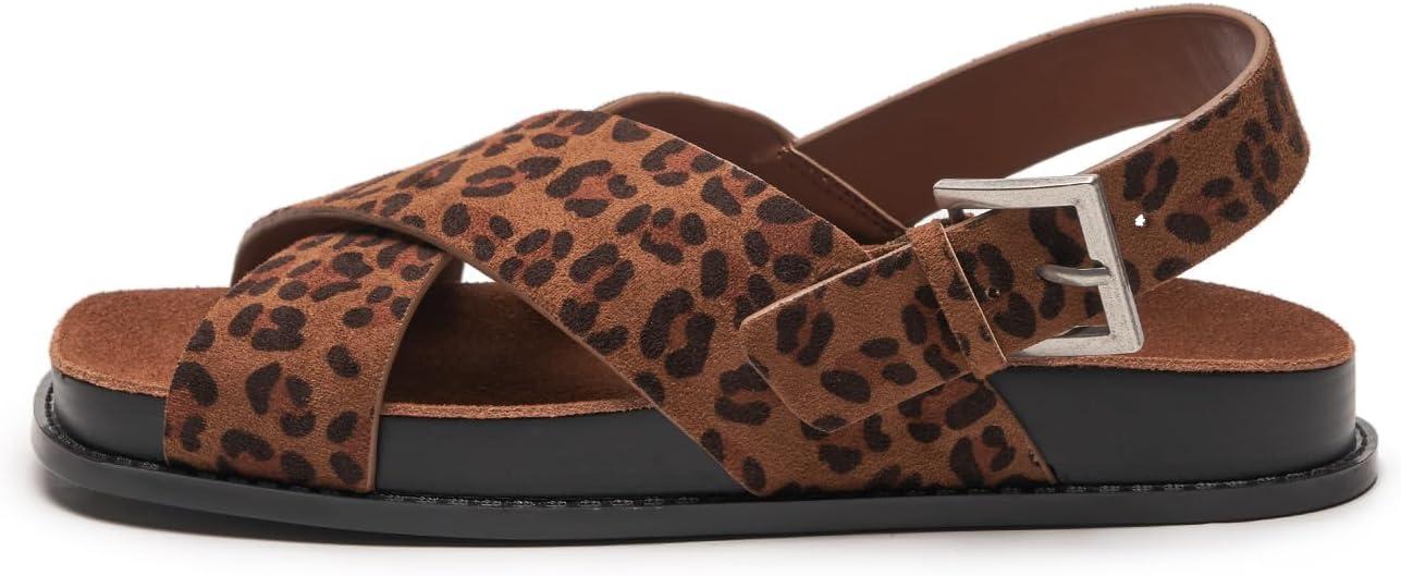 imageCParavano Women Sandals Womens Slide Sandals Comfortable Dressy Flat Sandals Sandals with Arch Support Adjustable Buckle Slip OnLeopard