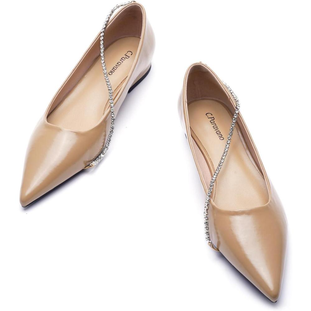 imageCParavano Crystal Chain Pointed Toe Flats Comfortable Party Dressy Shoes for Women Designer Shoes Womens FlatsFlatsbeige