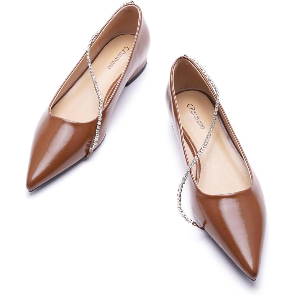 imageCParavano Crystal Chain Pointed Toe Flats Comfortable Party Dressy Shoes for Women Designer Shoes Womens FlatsFlatsbrown