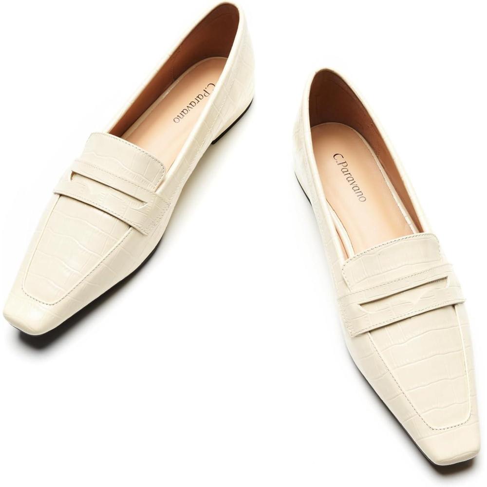 imageCParavano Loafer Women Penny Loafers Flat Shoes for Women Slip On Shoes CrocodileEmbossedCcream