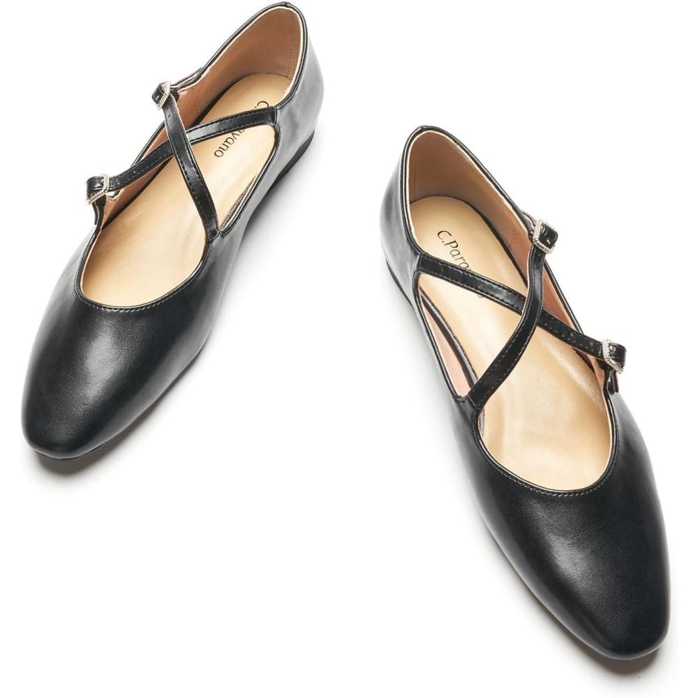 imageCParavano Mary Jane Shoes Women Round Toe Flat Ballet Flats Criss Cross Straps Work ShoesBlack