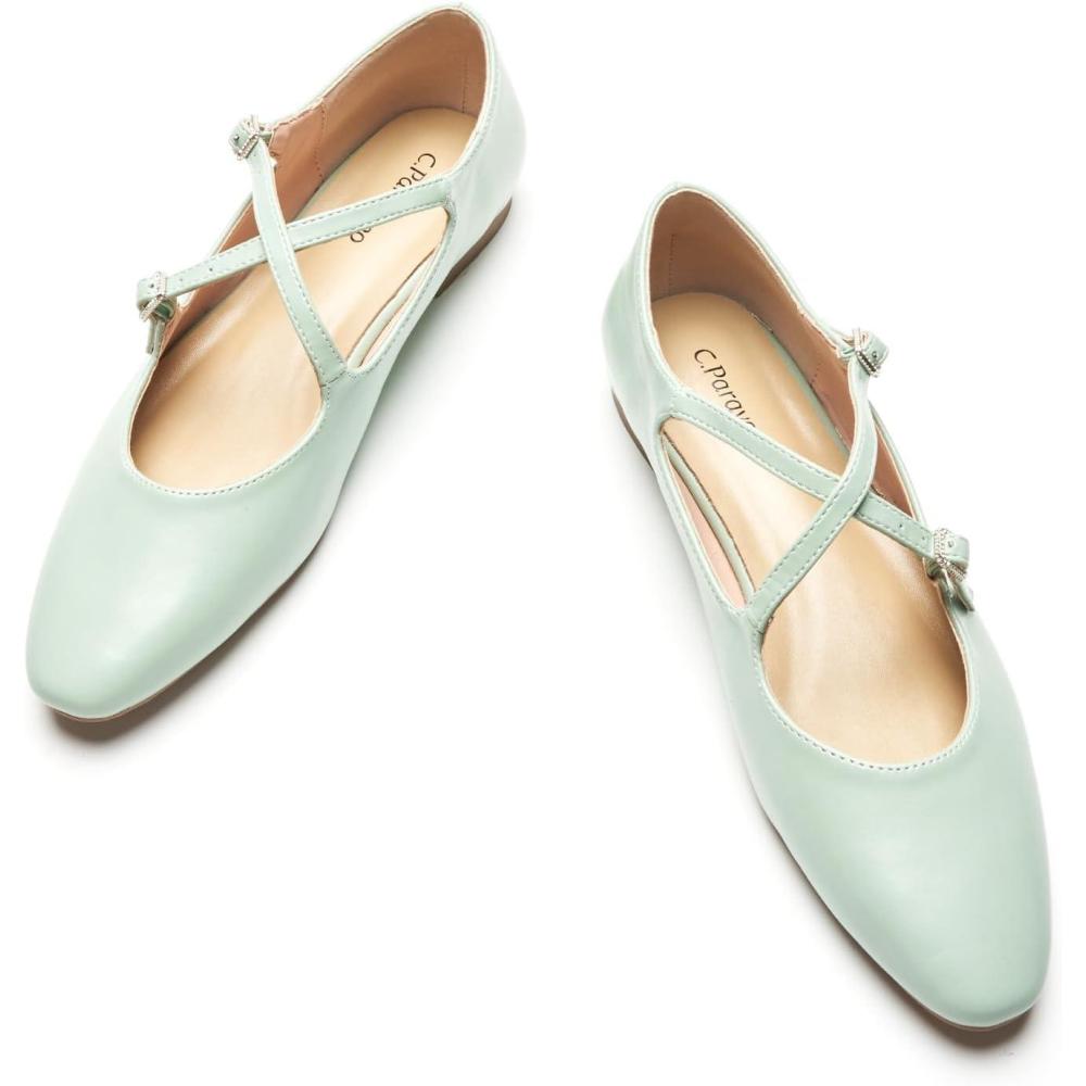imageCParavano Mary Jane Shoes Women Round Toe Flat Ballet Flats Criss Cross Straps Work ShoesGreen