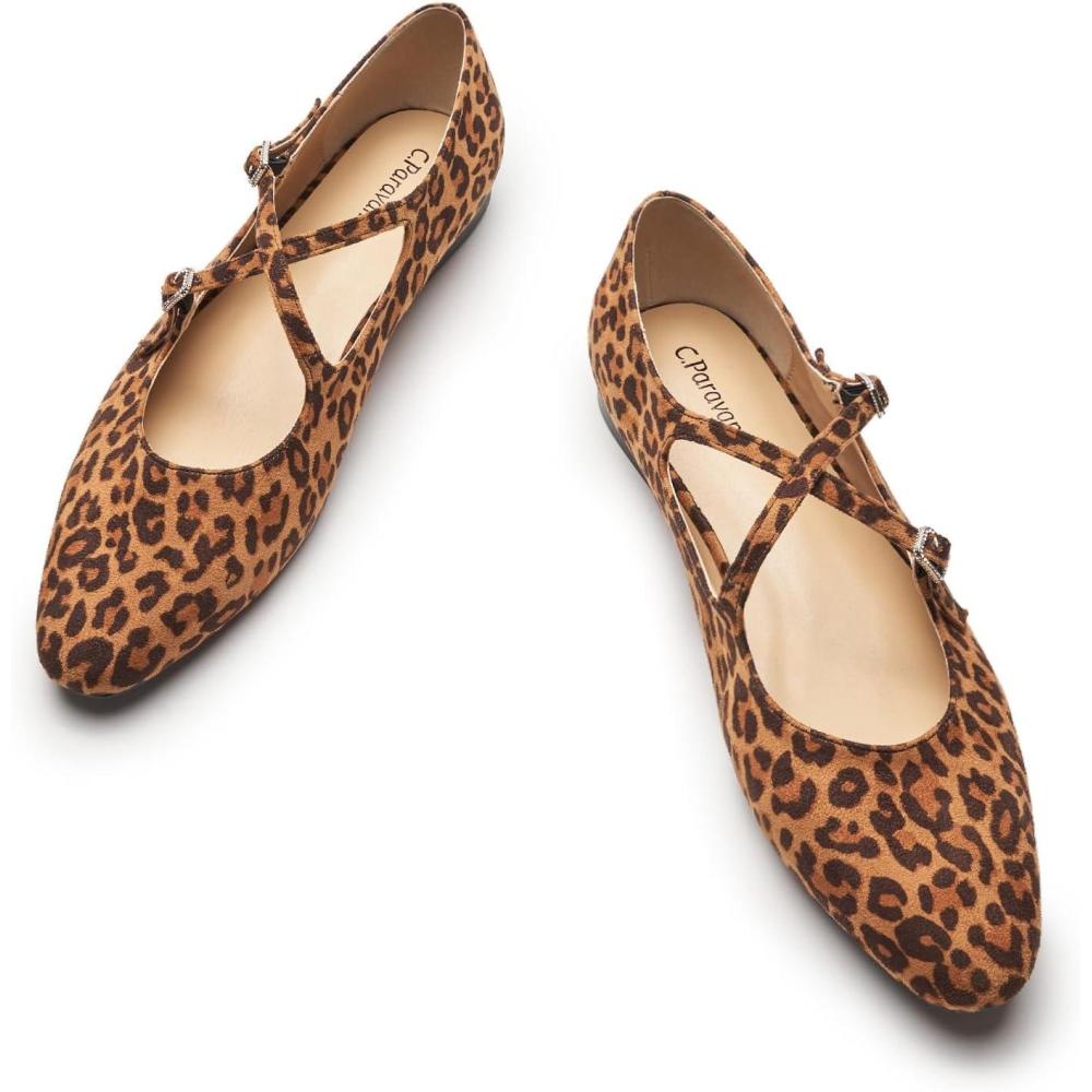 imageCParavano Mary Jane Shoes Women Round Toe Flat Ballet Flats Criss Cross Straps Work ShoesLeopard