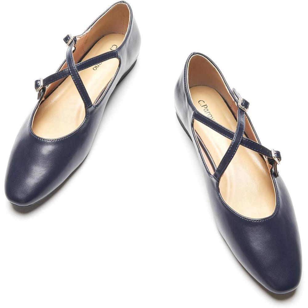 imageCParavano Mary Jane Shoes Women  Round Toe Flat  Ballet Flats  Criss Cross Straps Work ShoesNavy