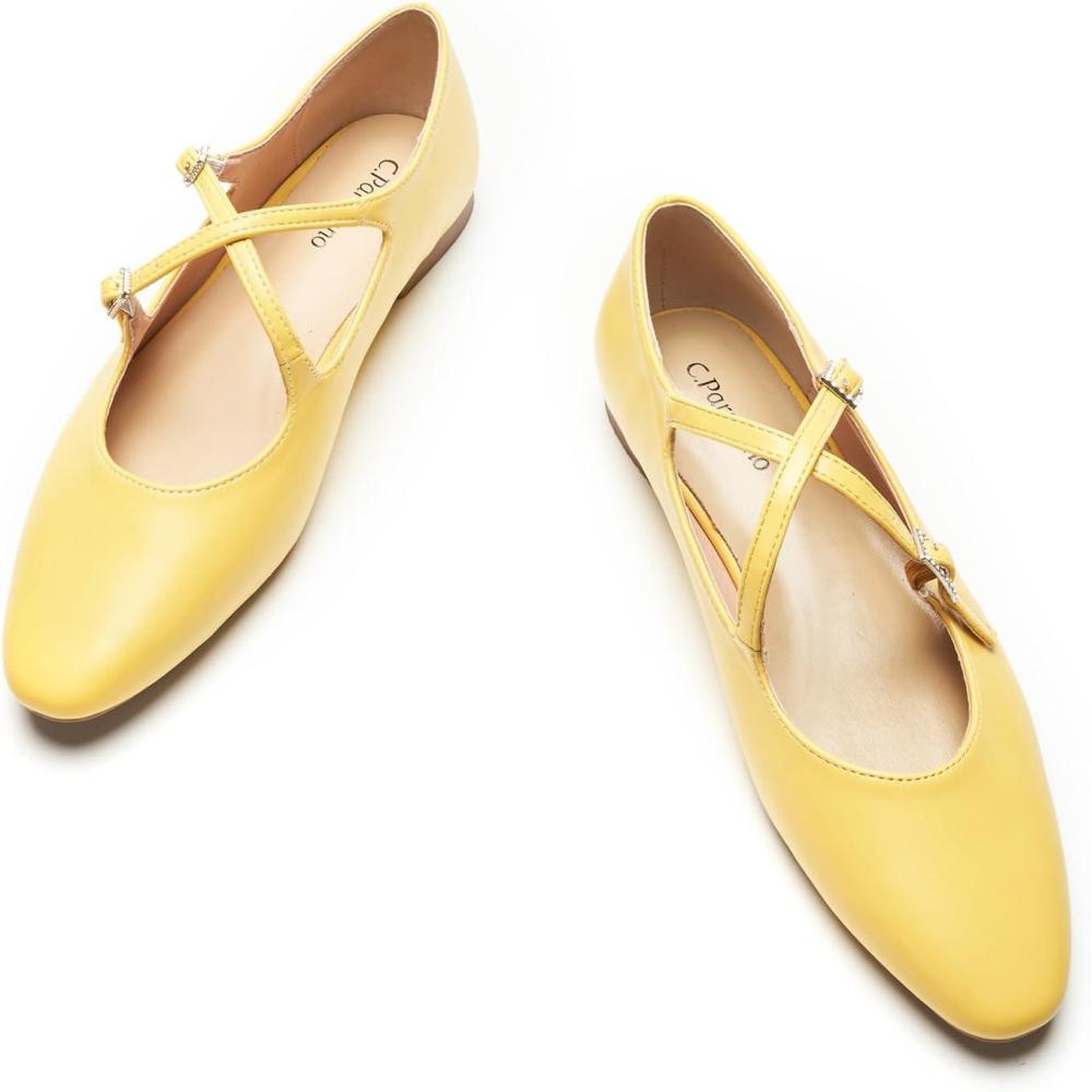 imageCParavano Mary Jane Shoes Women Round Toe Flat Ballet Flats Criss Cross Straps Work ShoesYellow