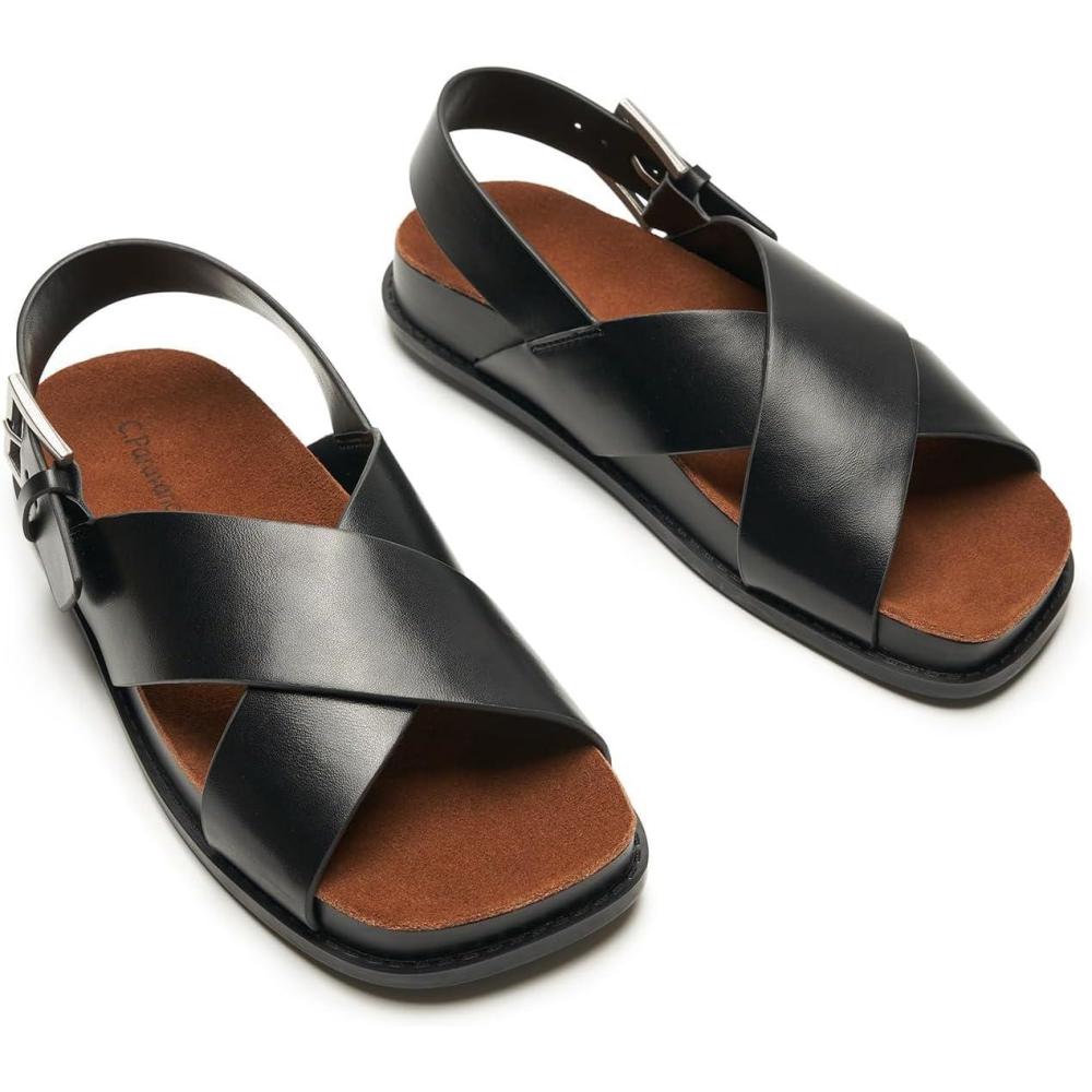 imageCParavano Women Sandals Womens Slide Sandals Comfortable Dressy Flat Sandals Sandals with Arch Support Adjustable Buckle Slip OnBlack
