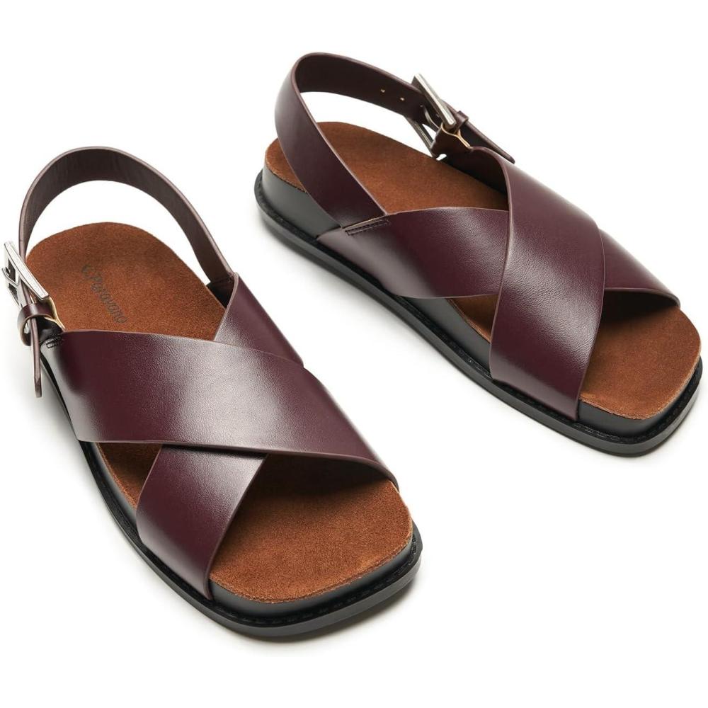 imageCParavano Women Sandals Womens Slide Sandals Comfortable Dressy Flat Sandals Sandals with Arch Support Adjustable Buckle Slip OnBurgundy