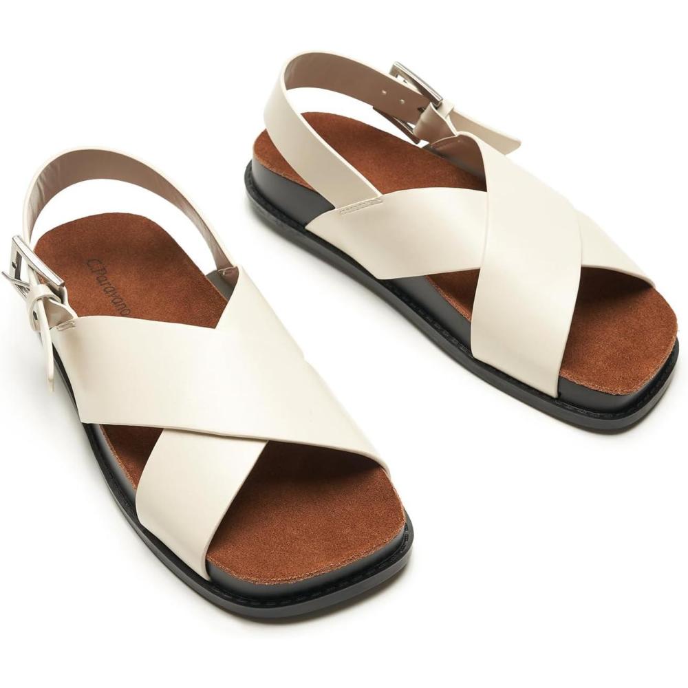 imageCParavano Women Sandals Womens Slide Sandals Comfortable Dressy Flat Sandals Sandals with Arch Support Adjustable Buckle Slip OnCream