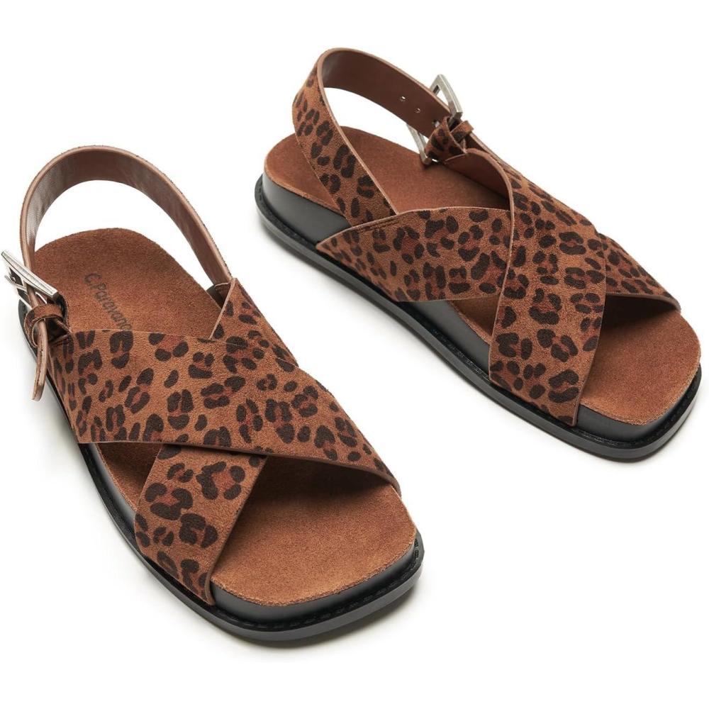 imageCParavano Women Sandals Womens Slide Sandals Comfortable Dressy Flat Sandals Sandals with Arch Support Adjustable Buckle Slip OnLeopard