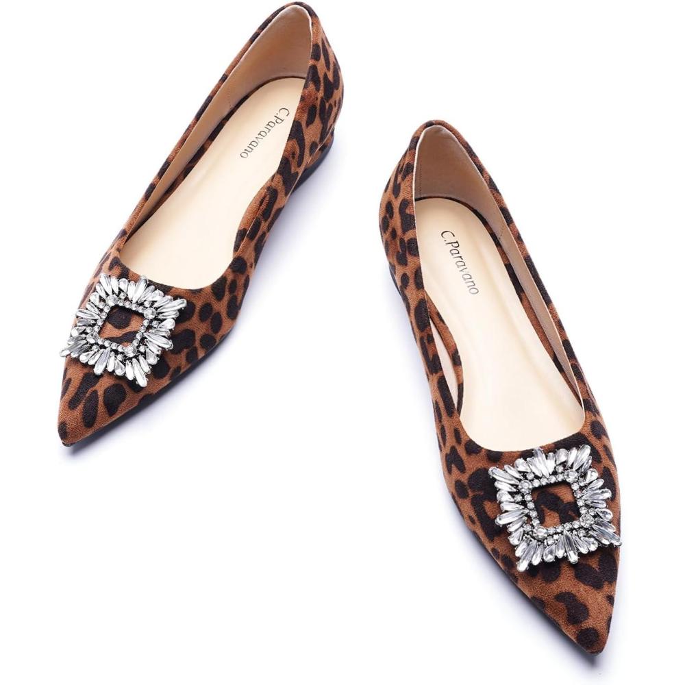 imageCParavano Womens Crystal Buckle Ballet Flats Pointed Toe Slip On Dressy ShoesA6 Leopard
