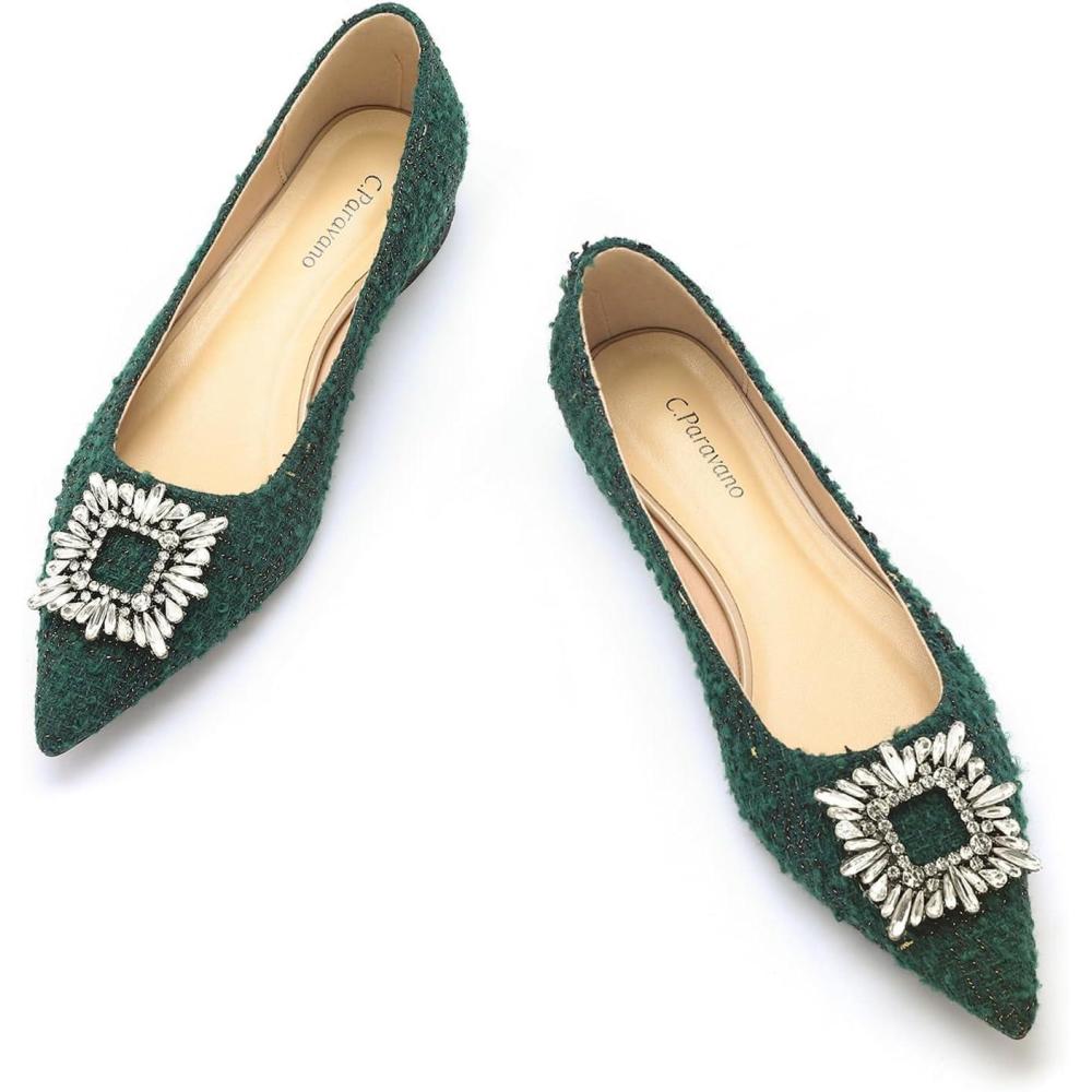 imageCParavano Womens Crystal Buckle Ballet Flats Pointed Toe Slip On Dressy ShoesGreen Multia6