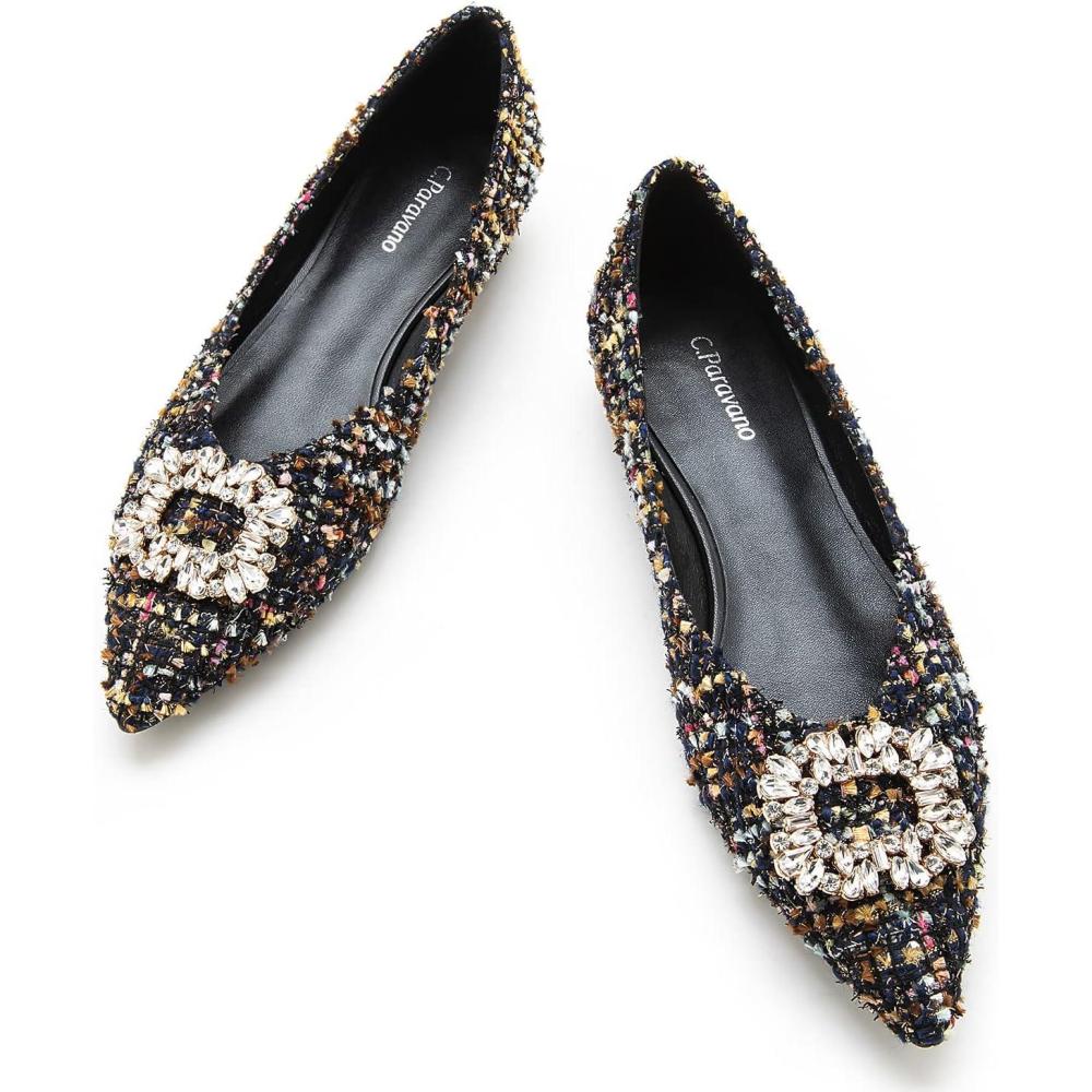 imageCParavano Womens Crystal Buckle Ballet Flats Pointed Toe Slip On Dressy ShoesMulticolora6