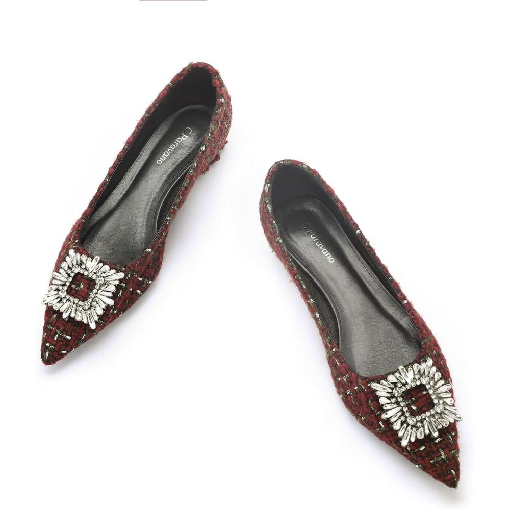 imageCParavano Womens Crystal Buckle Ballet Flats Pointed Toe Slip On Dressy ShoesRed Multia6
