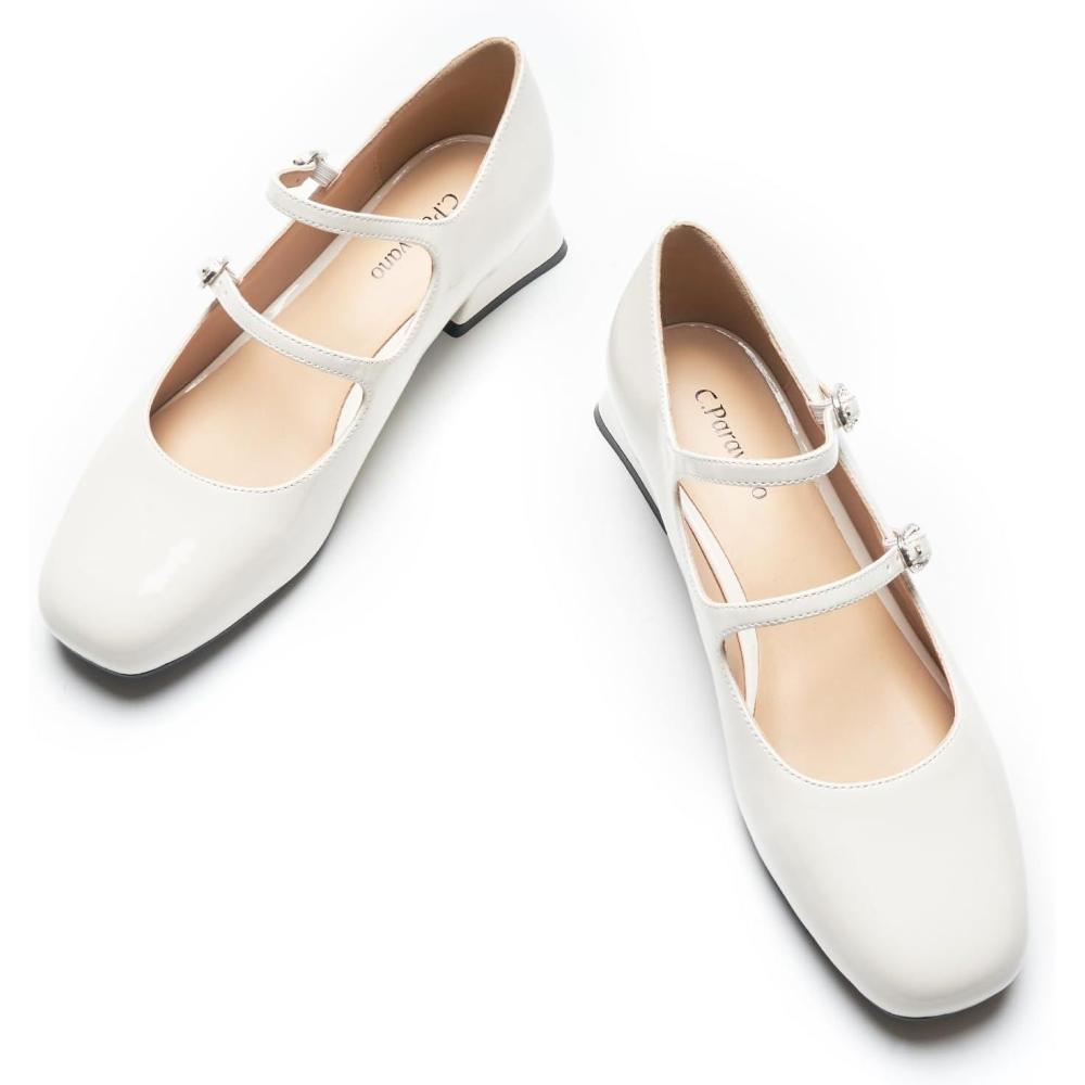 imageCParavano Womens Pumps Mary Jane Shoes Square Toe Low Heels Block HeelsWhite
