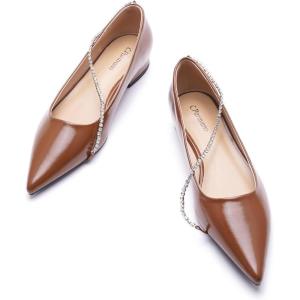 C.Paravano Crystal Chain Pointed Toe Flats Comfortable Party Dressy Shoes for Women Designer Shoes Women’s Flats(Flats-brown)