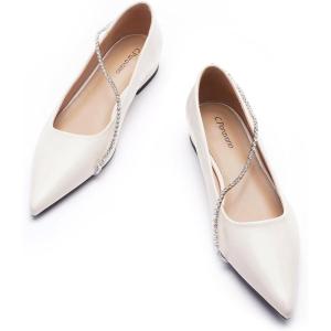 C.Paravano Crystal Chain Pointed Toe Flats Comfortable Party Dressy Shoes for Women Designer Shoes Women’s Flats(Flats-white)