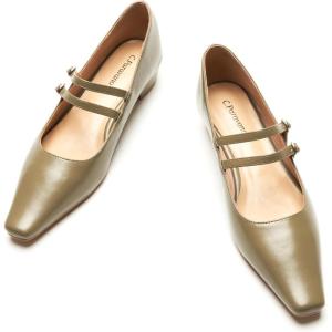 C.Paravano Mary Jane Flats | Low Heel Dress Shoes | Women’s Pumps | Work Shoes Women(Olive Green)