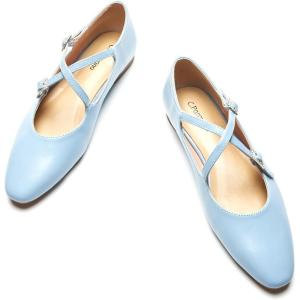 C.Paravano Mary Jane Shoes Women | Round Toe Flat | Ballet Flats | Criss Cross Straps Work Shoes(Blue)