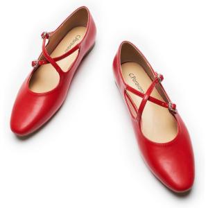 C.Paravano Mary Jane Shoes Women | Round Toe Flat | Ballet Flats | Criss Cross Straps Work Shoes(Red)