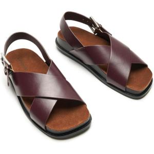 C.Paravano Women Sandals | Women’s Slide Sandals | Comfortable Dressy Flat Sandals | Sandals with Arch Support | Adjustable Buckle Slip On(Burgundy)