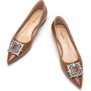C.Paravano Women’s Crystal Buckle Ballet Flats – Pointed Toe Slip On Dressy Shoes(Brown_a6)