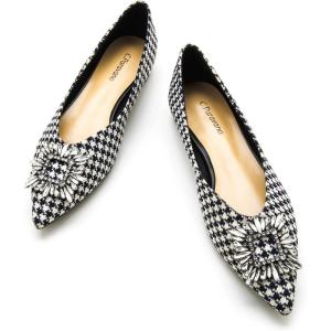 C.Paravano Women’s Crystal Buckle Ballet Flats – Pointed Toe Slip On Dressy Shoes(Houndstooth_a6)