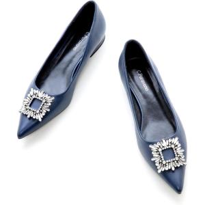 C.Paravano Women’s Crystal Buckle Ballet Flats – Pointed Toe Slip On Dressy Shoes(Navy_a6)