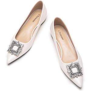 C.Paravano Women’s Crystal Buckle Ballet Flats – Pointed Toe Slip On Dressy Shoes(White_a6)