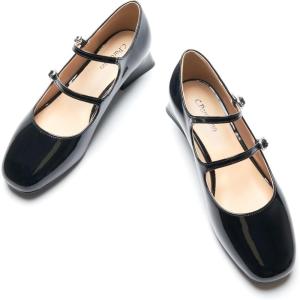 C.Paravano Womens Pumps | Mary Jane Shoes | Square Toe Low Heels | Block Heels(Black)