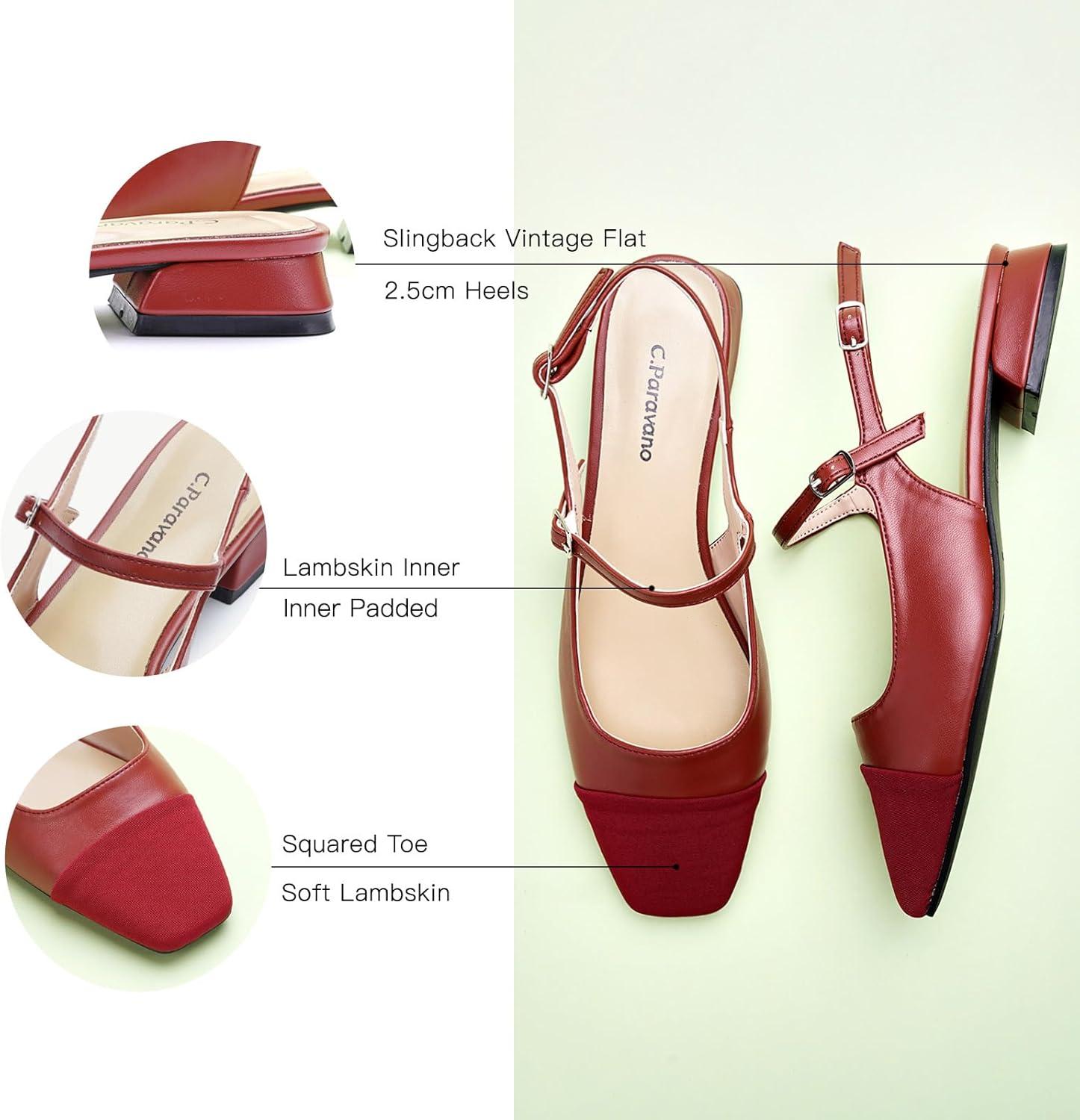 imageCParavano Womens Slingback Flats Square Toe Slingback Flats for Women Block Heel Slingback Sandals Adjustable Strap Shoes Size 8Red