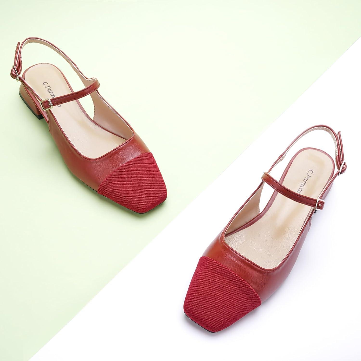 imageCParavano Womens Slingback Flats Square Toe Slingback Flats for Women Block Heel Slingback Sandals Adjustable Strap Shoes Size 8Red