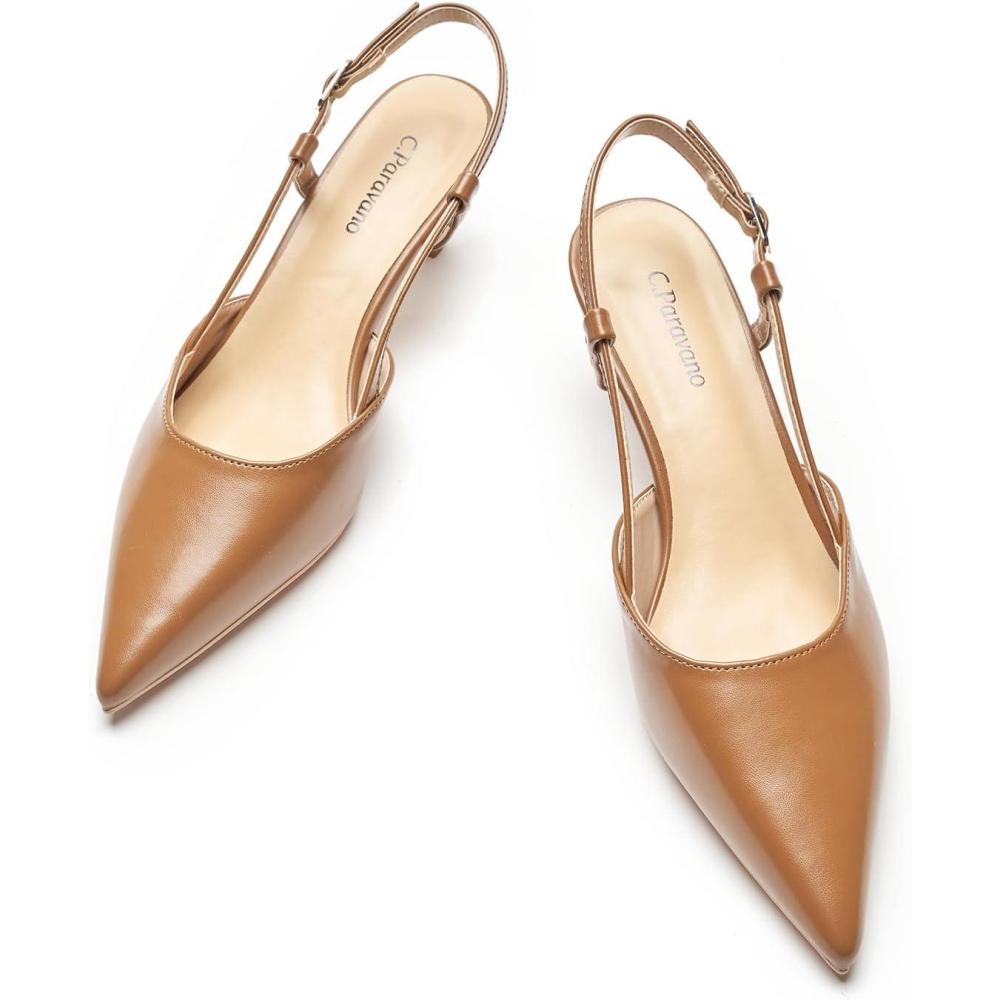 imageCParavano Kitten Heels for Women Low Heel Slingback Heels for Women Pointed Pumps Shoes Closed Toe SandalsBrown