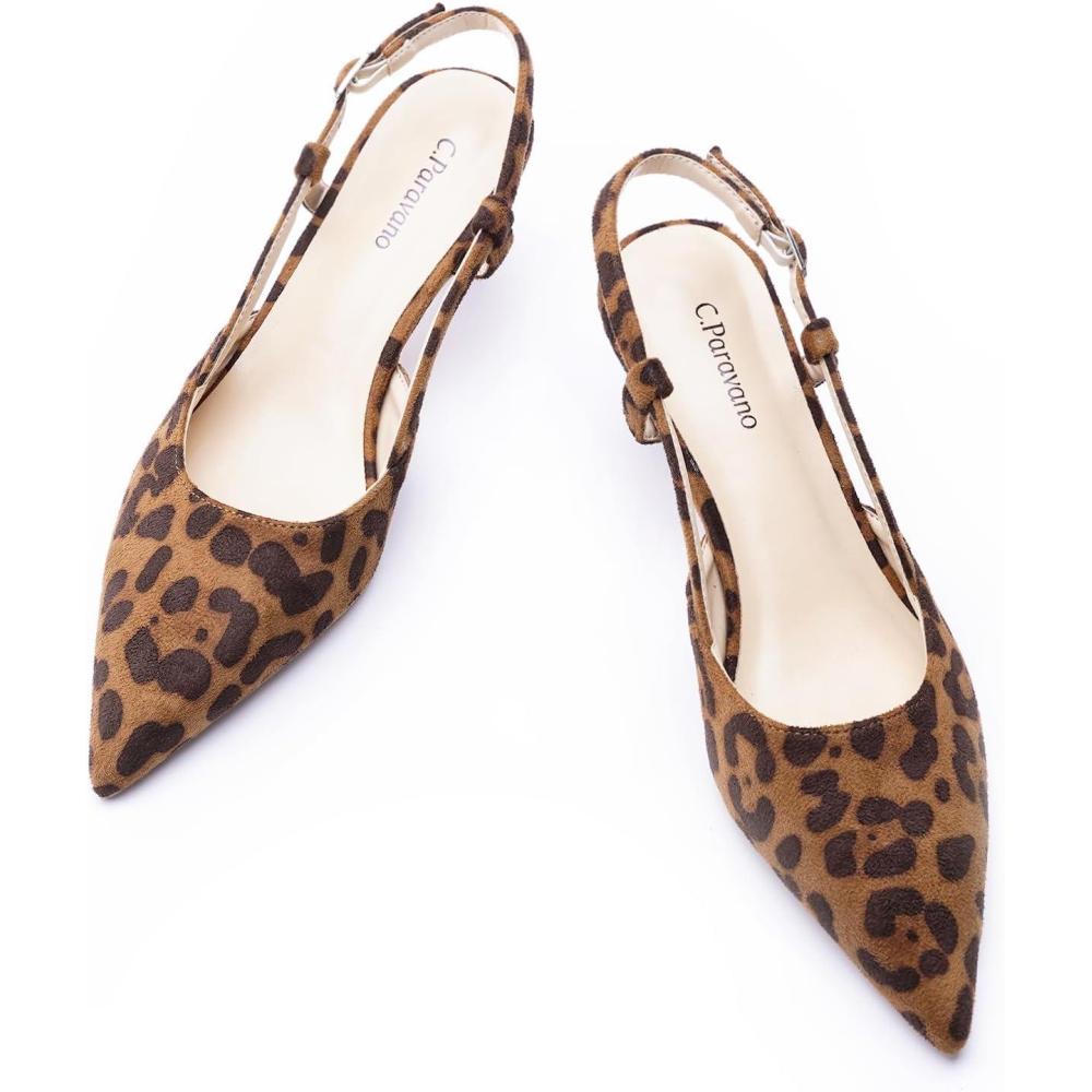 imageCParavano Kitten Heels for Women Low Heel Slingback Heels for Women Pointed Pumps Shoes Closed Toe SandalsLeopard
