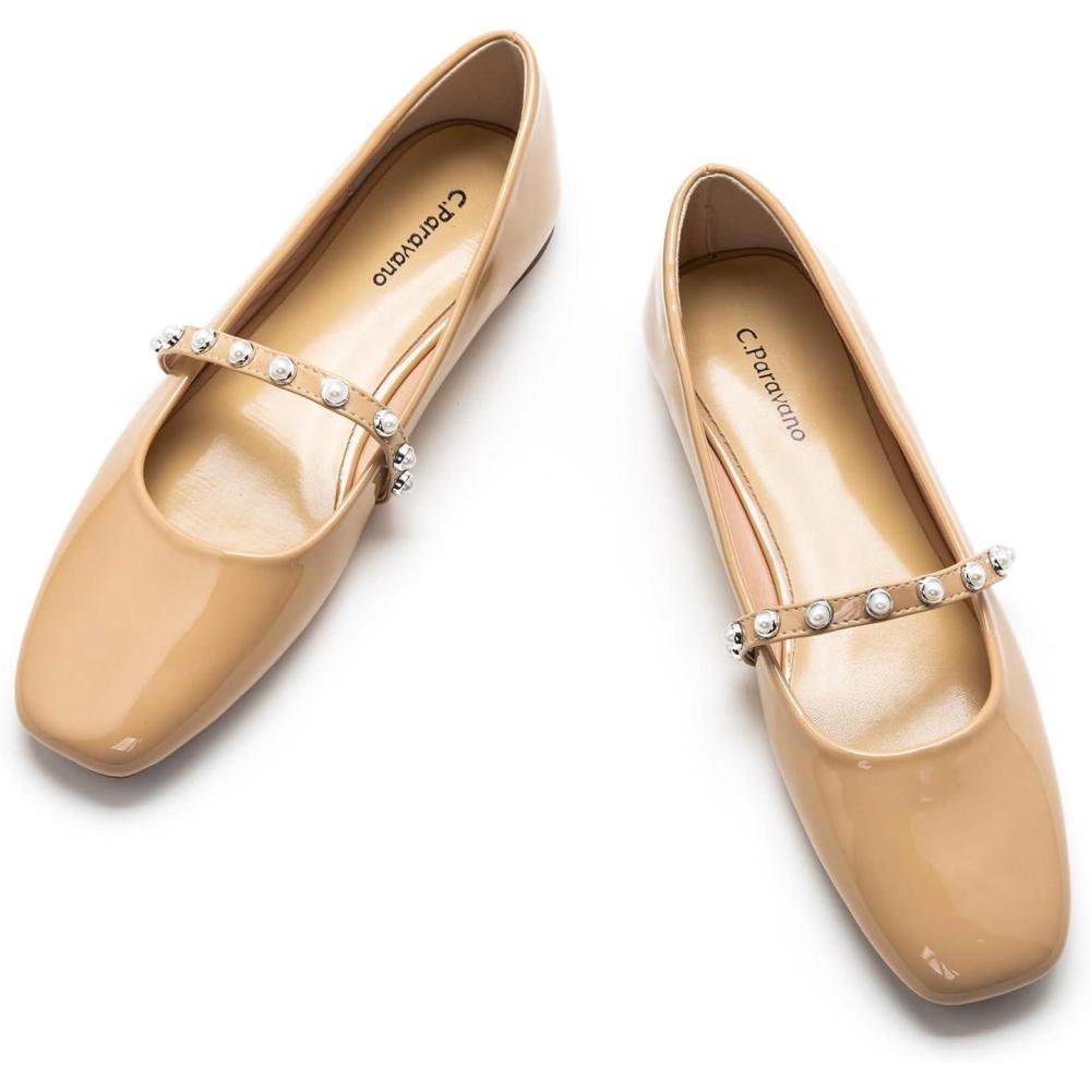 imageCParavano Mary Janes for Women Ballet Flats Womens Flats Square Toe Flats for Women Black Mary JaneSize 9Beigee