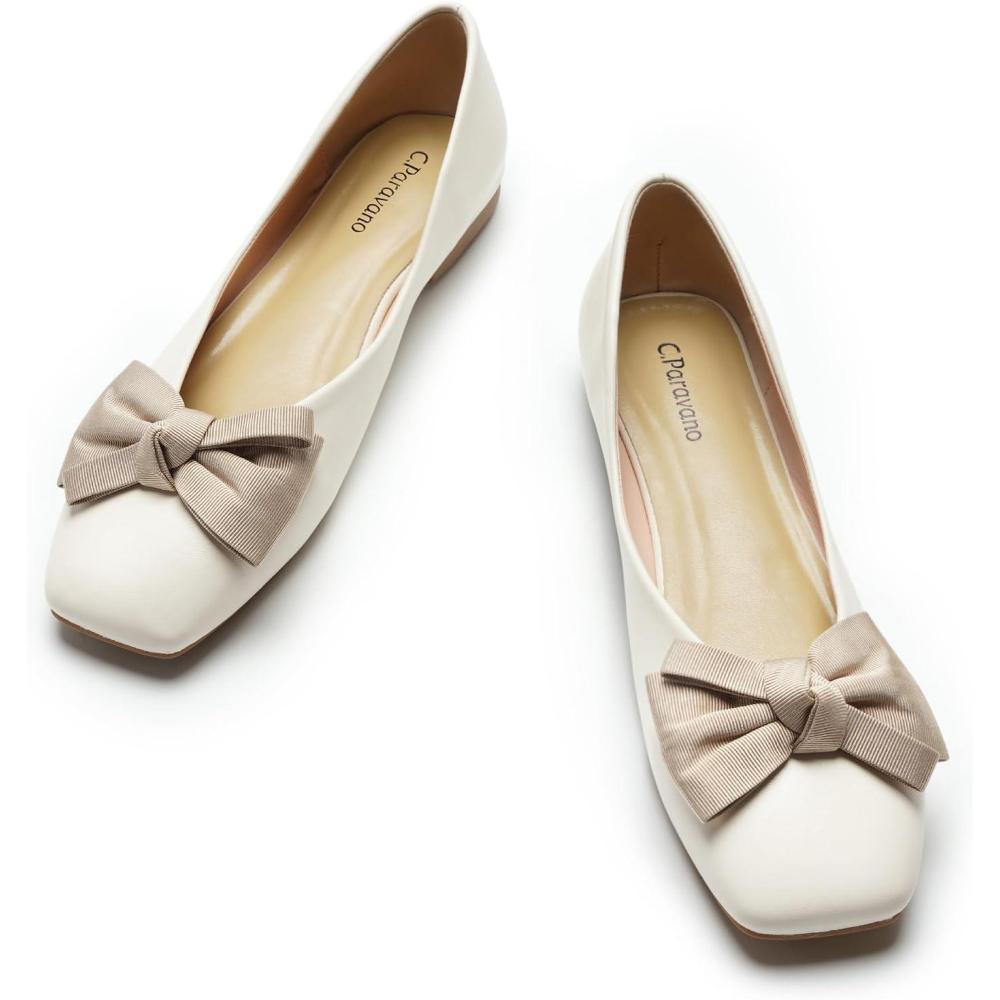 imageCParavano Womens Flats Square Toe Shoes for Women White Flat Shoes Women Soft Leather Bowknot Dressy Flat Slip On Ballet Flats for Work Walking ampamp Wedding Party Size 5White