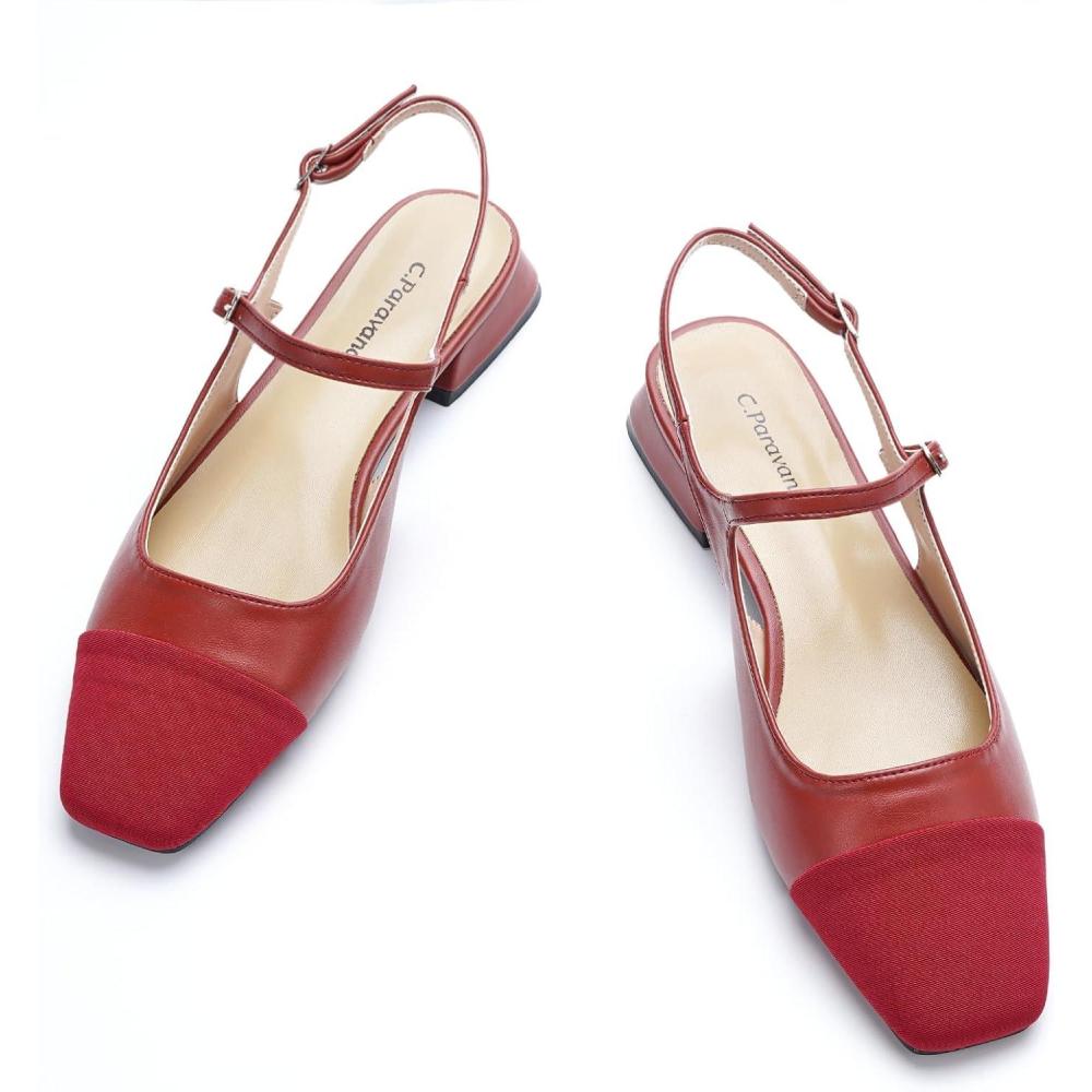 imageCParavano Womens Slingback Flats Square Toe Slingback Flats for Women Block Heel Slingback Sandals Adjustable Strap Shoes Size 8Red
