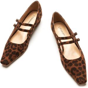 C.Paravano Leopard Mary Janes for Women with Small Square Toe & Double Adjustable Straps – Low Block Mary Jane Flats for Party, Office, Daily Wear(Size 7, Leopard)
