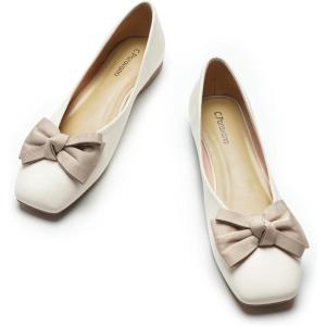 C.Paravano Women’s Flats | Square Toe Shoes for Women | White Flat Shoes | Women Soft Leather Bowknot Dressy Flat | Slip On Ballet Flats for Work Walking & Wedding Party (Size 5,White)
