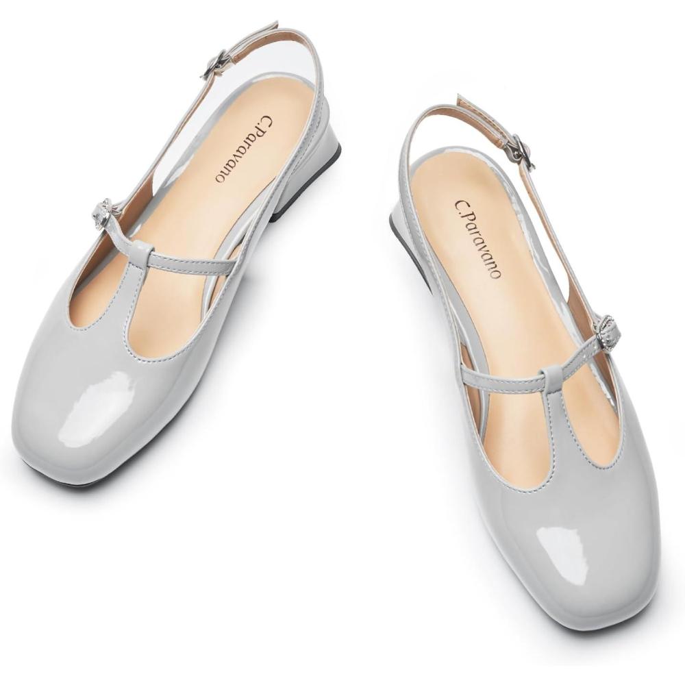 imageCParavano Slingback Heels for Women TStrap Mary Jane Shoes Womens Pumps Low Heel Dress ShoesGrayish Blue