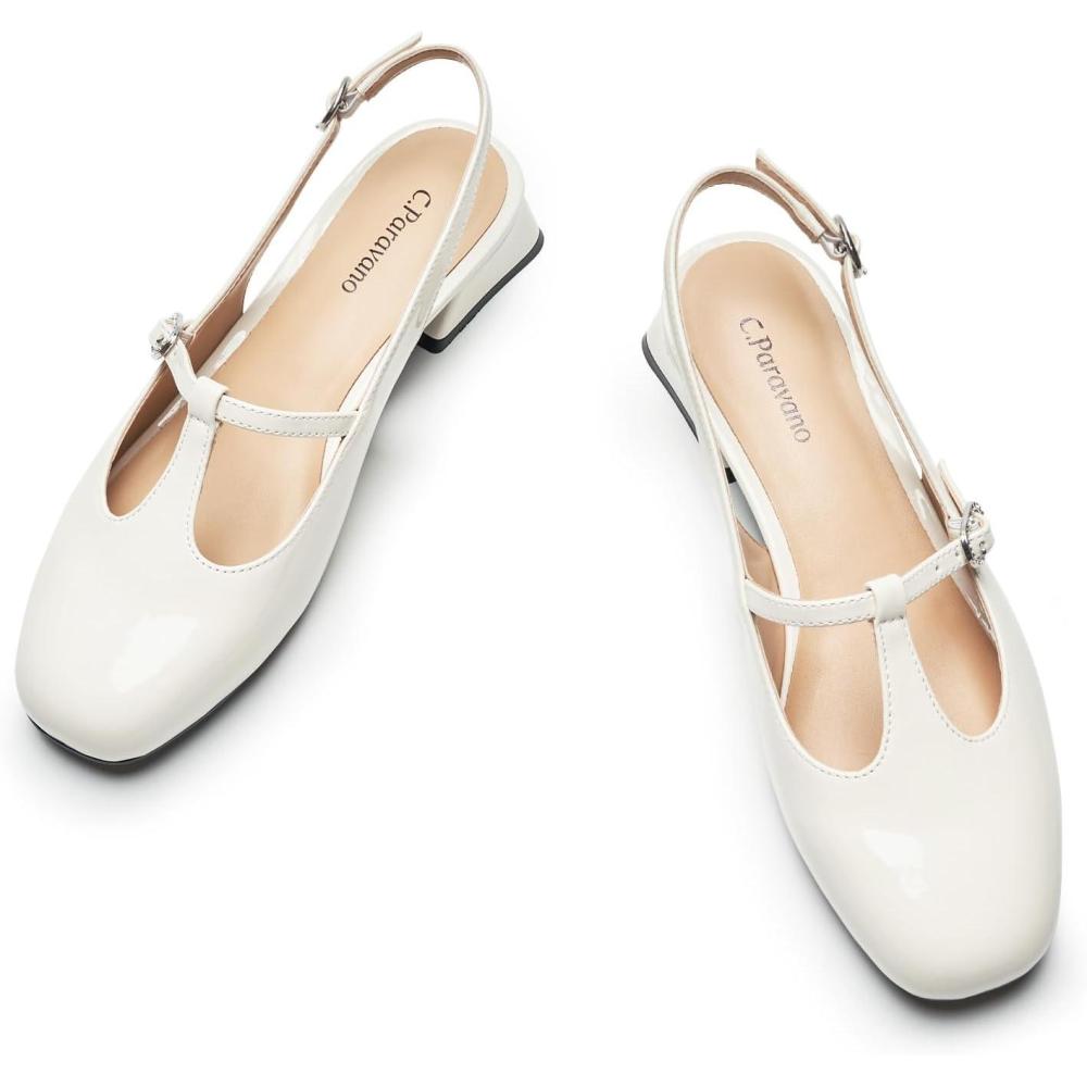 imageCParavano Slingback Heels for Women TStrap Mary Jane Shoes Womens Pumps Low Heel Dress ShoesWhite