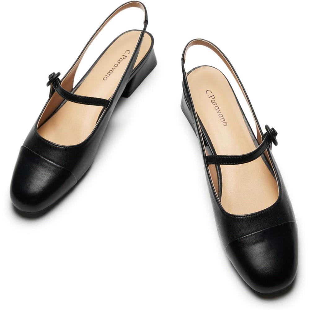 imageCParavano Slingback Sandals Round Toe Slingback for Women Dress Shoes Womens Mary Jane Low Block HeelBlack