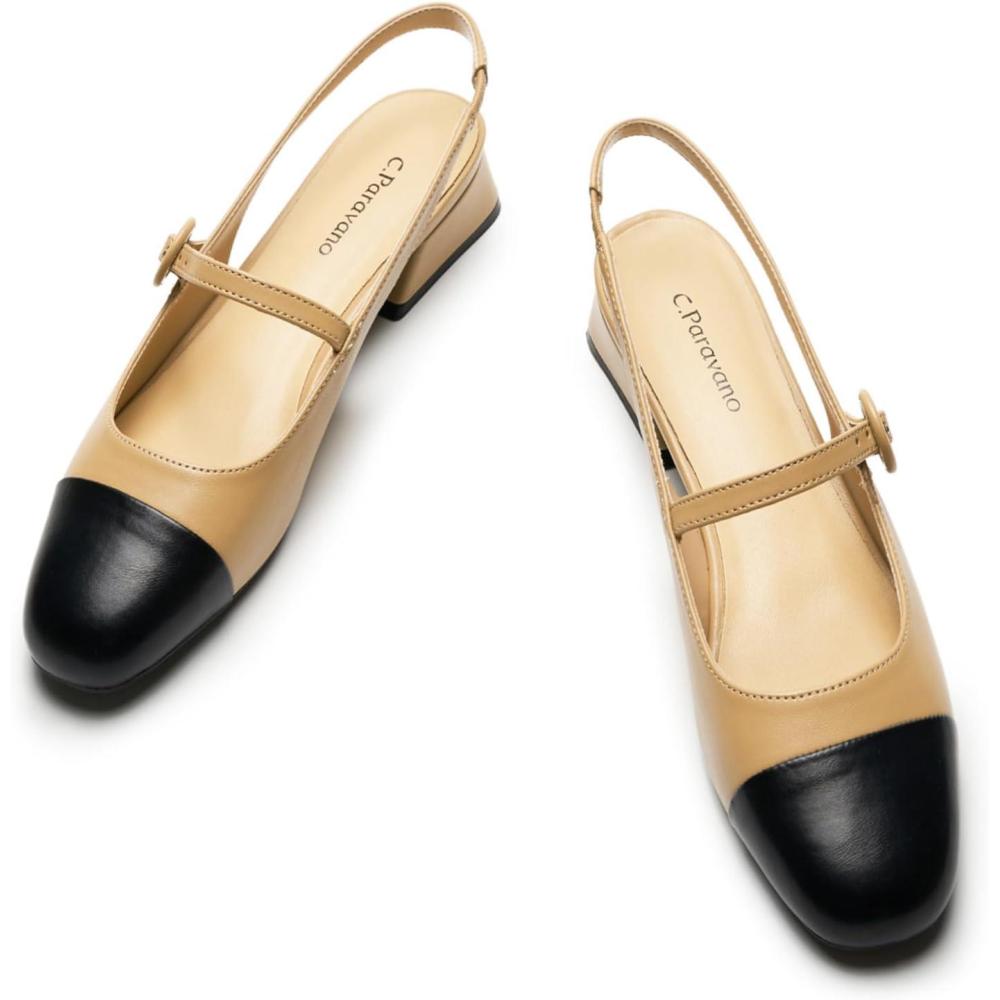 imageCParavano Slingback Sandals Round Toe Slingback for Women Dress Shoes Womens Mary Jane Low Block HeelDark Beige