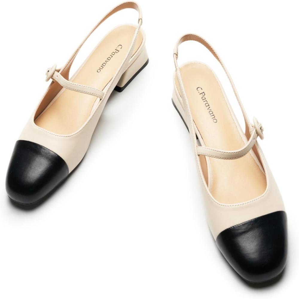 imageCParavano Slingback Sandals Round Toe Slingback for Women Dress Shoes Womens Mary Jane Low Block HeelIvory