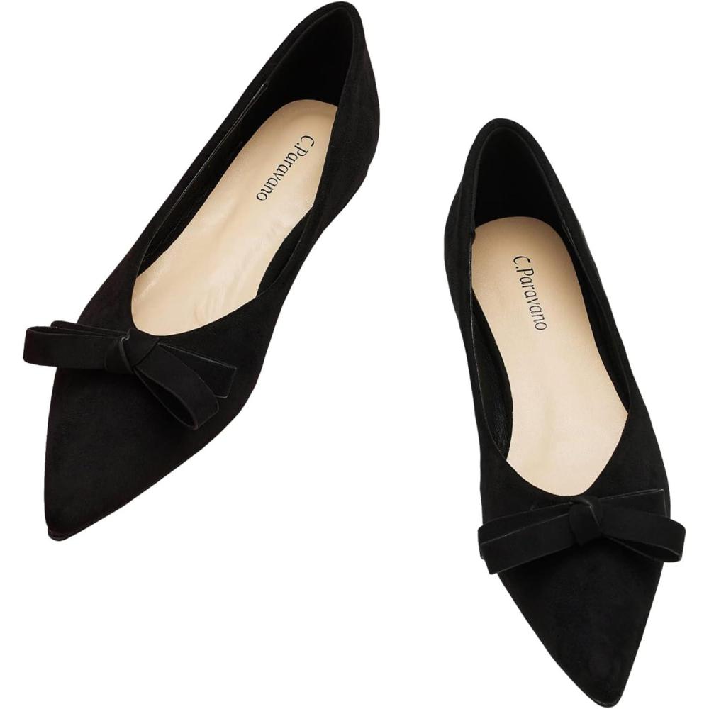 imageCParavano Womens Suede Bow Knot Ballet Flats Pointed Toe SlipOn Comfort Shoes for Casual ampamp Formal WearBlack Bowknot