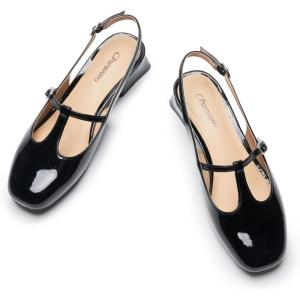 C.Paravano Slingback Heels for Women | T-Strap Mary Jane Shoes | Womens Pumps | Low Heel Dress Shoes(Black)