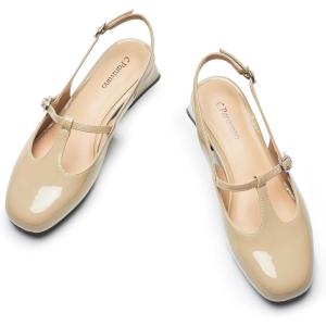 C.Paravano Slingback Heels for Women | T-Strap Mary Jane Shoes | Womens Pumps | Low Heel Dress Shoes(Camel)