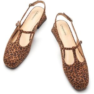 C.Paravano Slingback Heels for Women | T-Strap Mary Jane Shoes | Womens Pumps | Low Heel Dress Shoes(Leopard)
