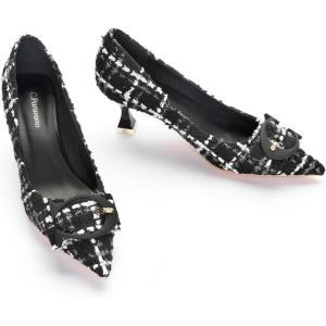 C.Paravano Womens Designer Pumps | Kitten Heels for Women | Low Heels | Heels for Women | Women Shoes Dressy(Black/White)